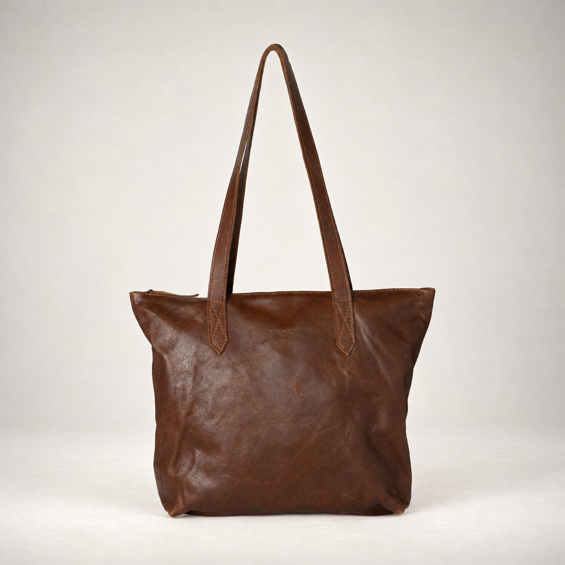 Rowdy Leather Tote Bag in Cedar (smooth aniline leather), front view, full-grain leather with long shoulder straps