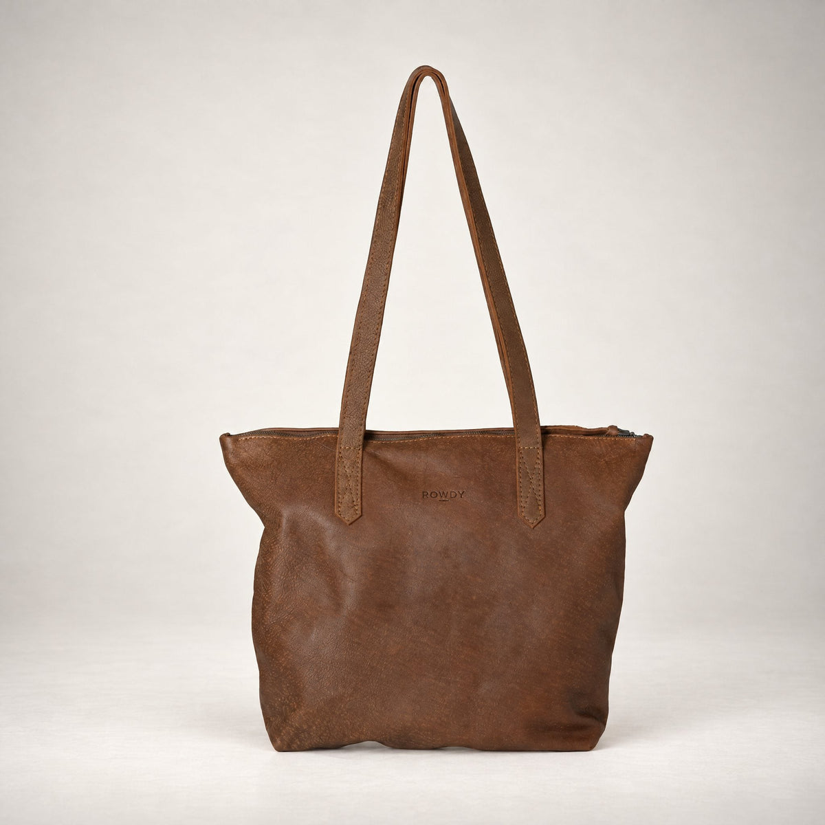 Rowdy Leather Tote Bag in Mountain (velvety nubuck leather), front view, full-grain leather with long shoulder straps