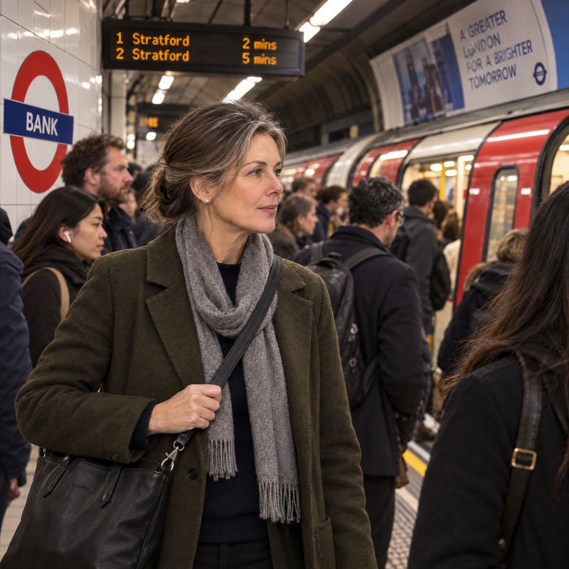 Woman on a busy Underground platform in a long wool coat and grey scarf, wearing the Rowdy Leather Crossbody Bag in Charcoal across her body