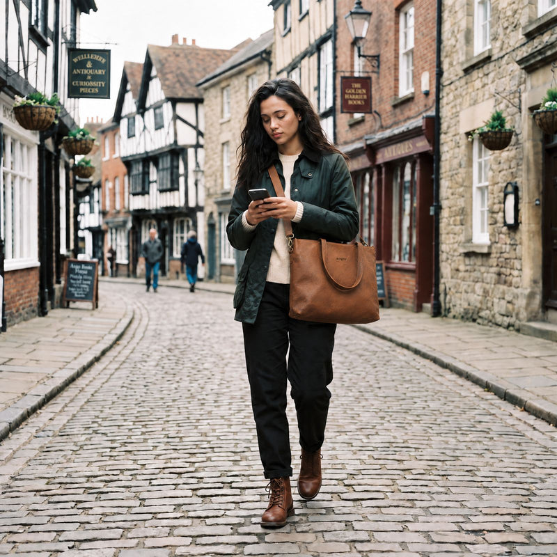 Woman walking down a cobbled street in a waxed jacket, cream knit and black trousers with the Rowdy Leather Crossbody Bag on her shoulder