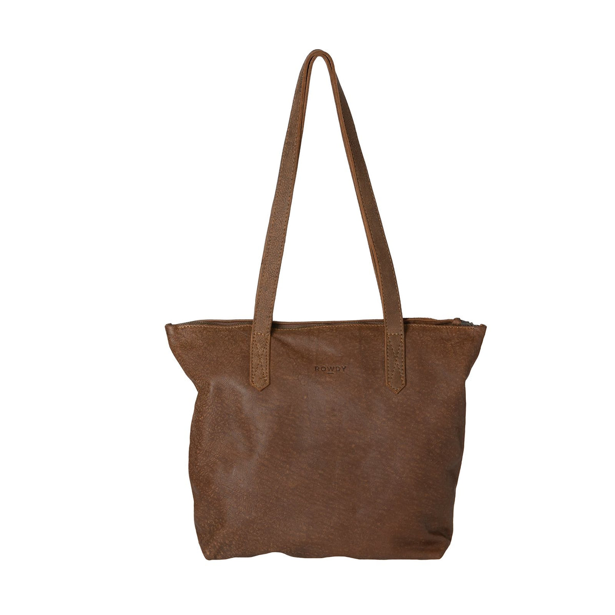 Leather Tote Bag front view showing the straps, stitched strap fixings, YKK zip and embossed Rowdy mark